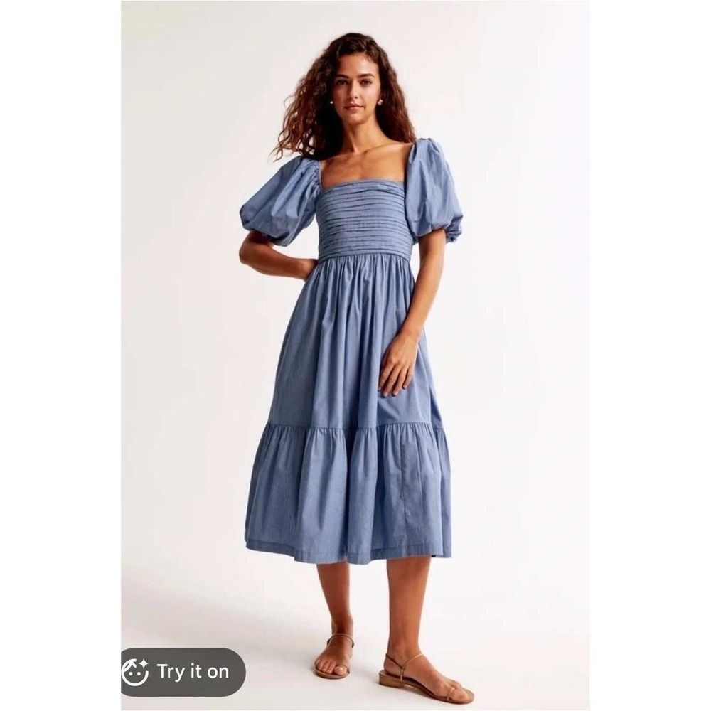 Abercrombie & Fitch Emerson Puff Sleeve Midi Dress Blue Pintstripe Womens Small